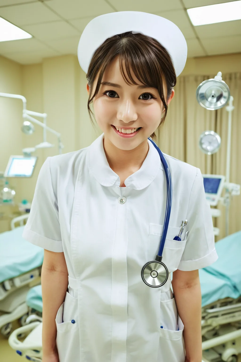 (RAW photo, best quality), wide angle photo, masterpiece, 1girl, natural lighting
hospital, operating room,
(((White))) nurse uniform smooth, nurse, nurse hat, stethoscope,
akb48, light smile,
dslr, focused, blurred background,
<lora:nurse_uniform_xl_v1_1-000003:1>