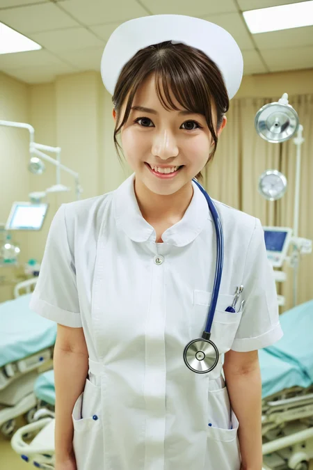 (RAW photo, best quality), wide angle photo, masterpiece, 1girl, natural lighting
hospital, operating room,
(((White))) nurse uniform smooth, nurse, nurse hat, stethoscope,
akb48, light smile,
dslr, focused, blurred background,
<lora:nurse_uniform_xl_v1_1-000003:1>