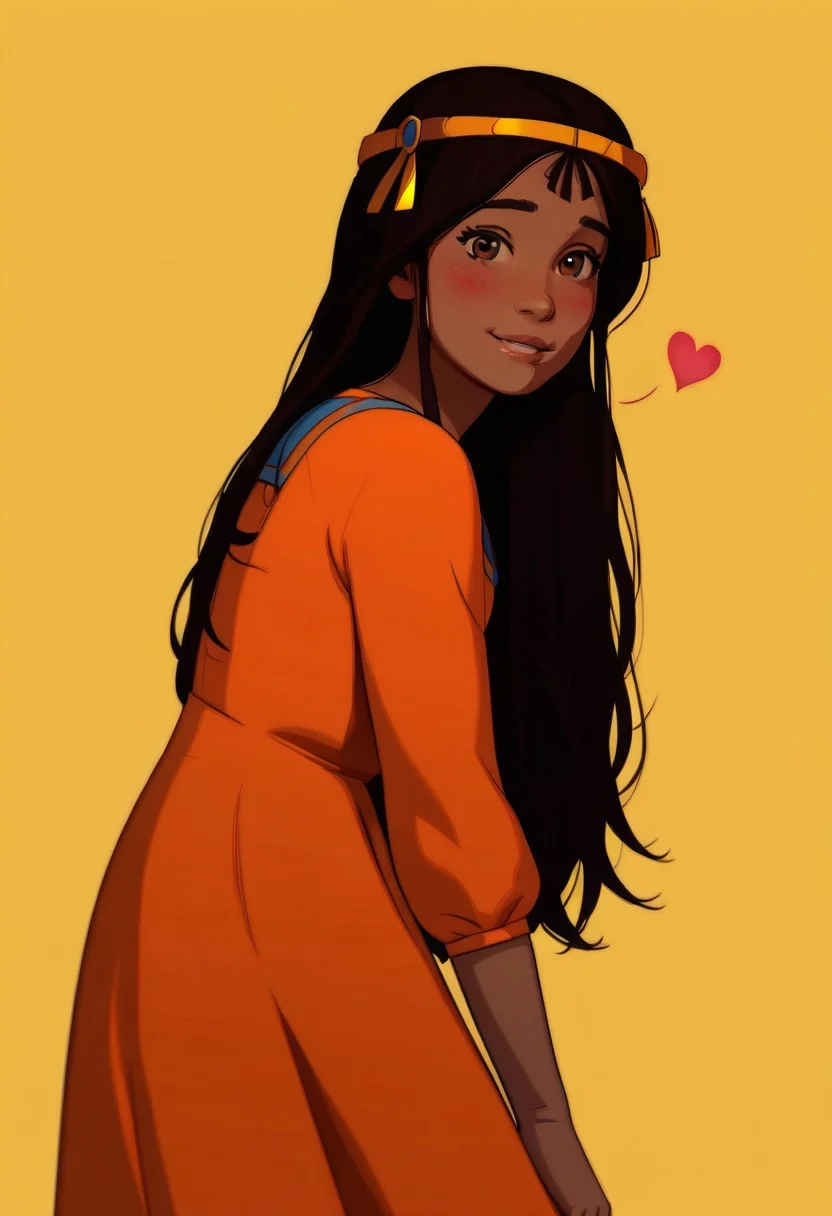 score_9, score_8_up,realistic, 1girl, ((Zia, 1girl , solo, dark-skinned female, brown eyes, black hair, long hair, headband):1.3), running inside the Machu Pichu, looking at viewer, smiling and blushing, biting her lips), orange dress, rear view, face focus, stretched, furs on the ground, tipi tepee background, cozy atmosphere, hearts, in love, leaning forward, innocent, cities of gold background