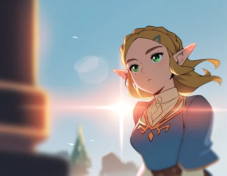 masterpiece, best quality, good quality, newest, the legend of zelda, Zelda, 1girl, solo, very aesthetic, backlighting, lens flare, (solo focus:1.2), depth of field, cinematic,