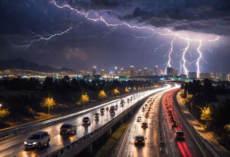 cars on the freeway, bright lights and thunder