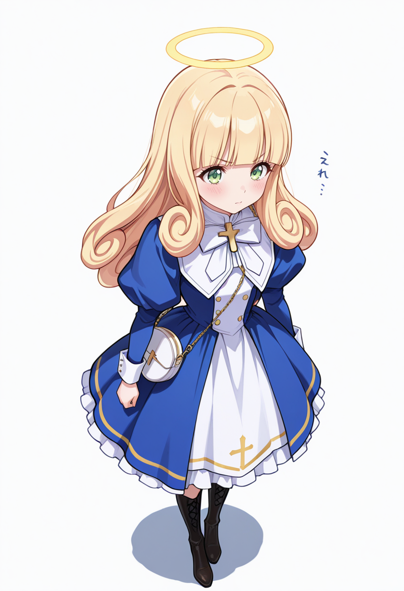 Smooth Quality,masterpiece,very intricate, high quality details, ultra realistic, high detailed skin,detailed enviorement,absurdres,
\m/ ,
 <lora:Poporon_CNR:0.8> poporon_cnr, 1girl, blonde hair, long hair,blunt bangs, green eyes, poporon_cnr_def, blue dress, long sleeves, puffy sleeves,cross,handbag, knee boots, halo,curly hair,, blush,, simple background, white background, from above,solo,