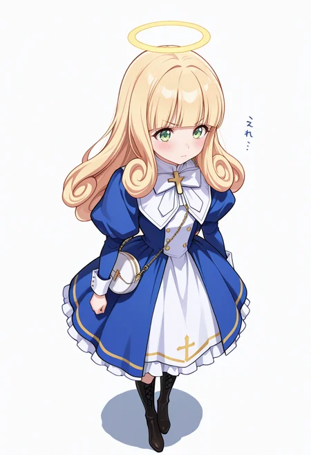 Smooth Quality,masterpiece,very intricate, high quality details, ultra realistic, high detailed skin,detailed enviorement,absurdres,
\m/ ,
 <lora:Poporon_CNR:0.8> poporon_cnr, 1girl, blonde hair, long hair,blunt bangs, green eyes, poporon_cnr_def, blue dress, long sleeves, puffy sleeves,cross,handbag, knee boots, halo,curly hair,, blush,, simple background, white background, from above,solo,