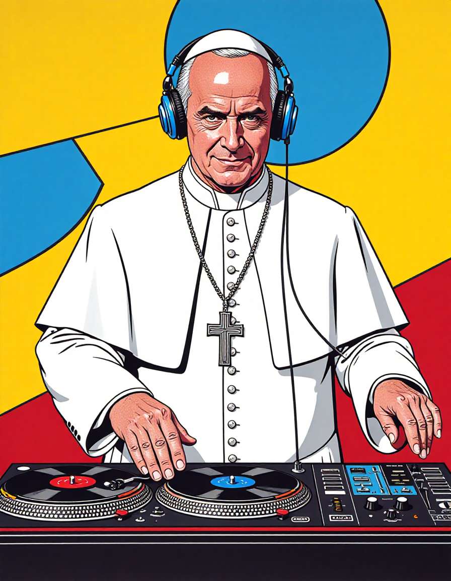 p0p_r0y, roy lichtenstein art, This image is a cartoon drawing of a vibrant pop art illustration depicting a figure resembling a religious leader, likely the Pope, as a DJ. The subject is shown from the waist up, wearing a white cassock and a white skullcap, along with a large, silver cross necklace. He is also wearing blue headphones, which cover his ears. The background features bold, geometric shapes in bright colors, including yellow, blue, and red. The DJ setup consists of a turntable with a black platter and red rim, a mixer, and a pair of speakers. The mixer is positioned centrally in front of the figure, with the turntable to his left and the speakers to his right. The illustration uses a bold, flat color palette with clean, sharp lines and a high-contrast style typical of pop art. The overall composition is dynamic and engaging, with the figure's expression focused and intense, suggesting a deep concentration on his task. The background's vibrant colors and geometric shapes create a lively, energetic atmosphere that complements the subject's serious demeanor.