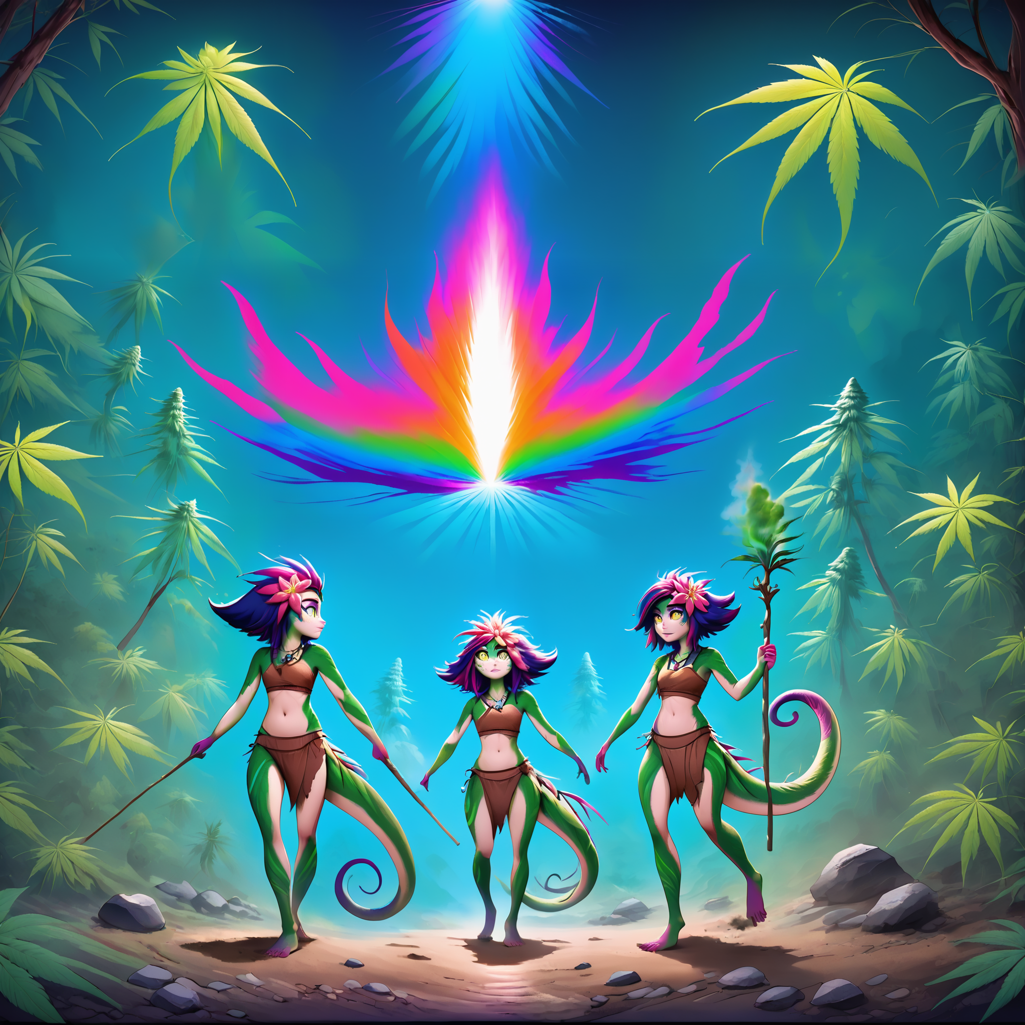 oil painting, clones, multiple girls, dancing, tribal wear, staff, shaman, sacred bonfire, green flame, smoke, psychedelic experience, forest, abstract patterns, (multicolor, rainbow:1.2), abstract, <lora:marijuana:0.9>, marijuana plant, l <lora:neeko-xl-nvwls-v1:1>, neeko, multicolored hair, colored skin, facial mark, forehead mark, hair ornament, hair flower, necklace, brown crop top, midriff, brown shorts, loincloth, lizard tail, walking, dirt path, stones, boulder, moss, overgrowth, chiaroscuro, reflection, stars,