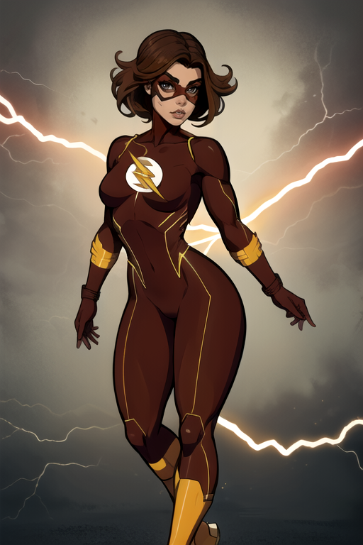 masterpiece,best quality,extreme detail,8k,image sharpness,<lora:flash-20:0.6>,flashwoman,1girl,solo,breasts,looking at viewer,brown hair,gloves,lips,bodysuit,mask,animification,full body,standing pose,(curvy),electricity,