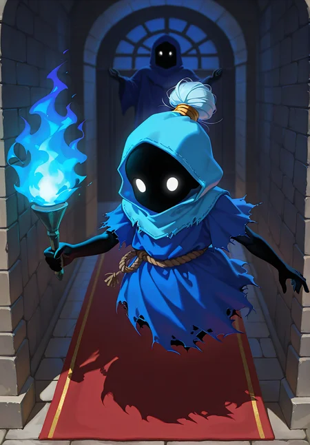 [STYLE & QUALITY::-1]
digital artwork, masterpiece, best quality, high res, very aesthetic, absurdres, artistic, dynamic perspective, amazing quality, vibrant colors, high resolution, absurdres, newest, <lora:Poe_Ocarina_of_Time_-000021:1>
[SUBJECT::-1]
LOZ_Poe, solo, lone figure, 1girl, Beth_\(Poe\), [hair bun], Poe, ghost, spirit, glowing eyes, black skin, floating, white eyes, legless, big head, short torso, cropped torso, giant head, (skeletal hand:0.7), featureless face, (wide head:1.3), dwarf, stunted proportions, shadowed, ghostly figure, completely black skin, rope belt, vantablack skin, pure black skin, eyed silhouette, no_legs, shadow skin
[ACTIONS & POSE::-1]
[CLOTHES::-1]
tattered robes, blue robe, blue hood, face obscured by shadow, tattered clothes, chain
holding torch, torch, blue flame, holding
[BACKGROUND::-1]
dark temple, stone walls, red carpet