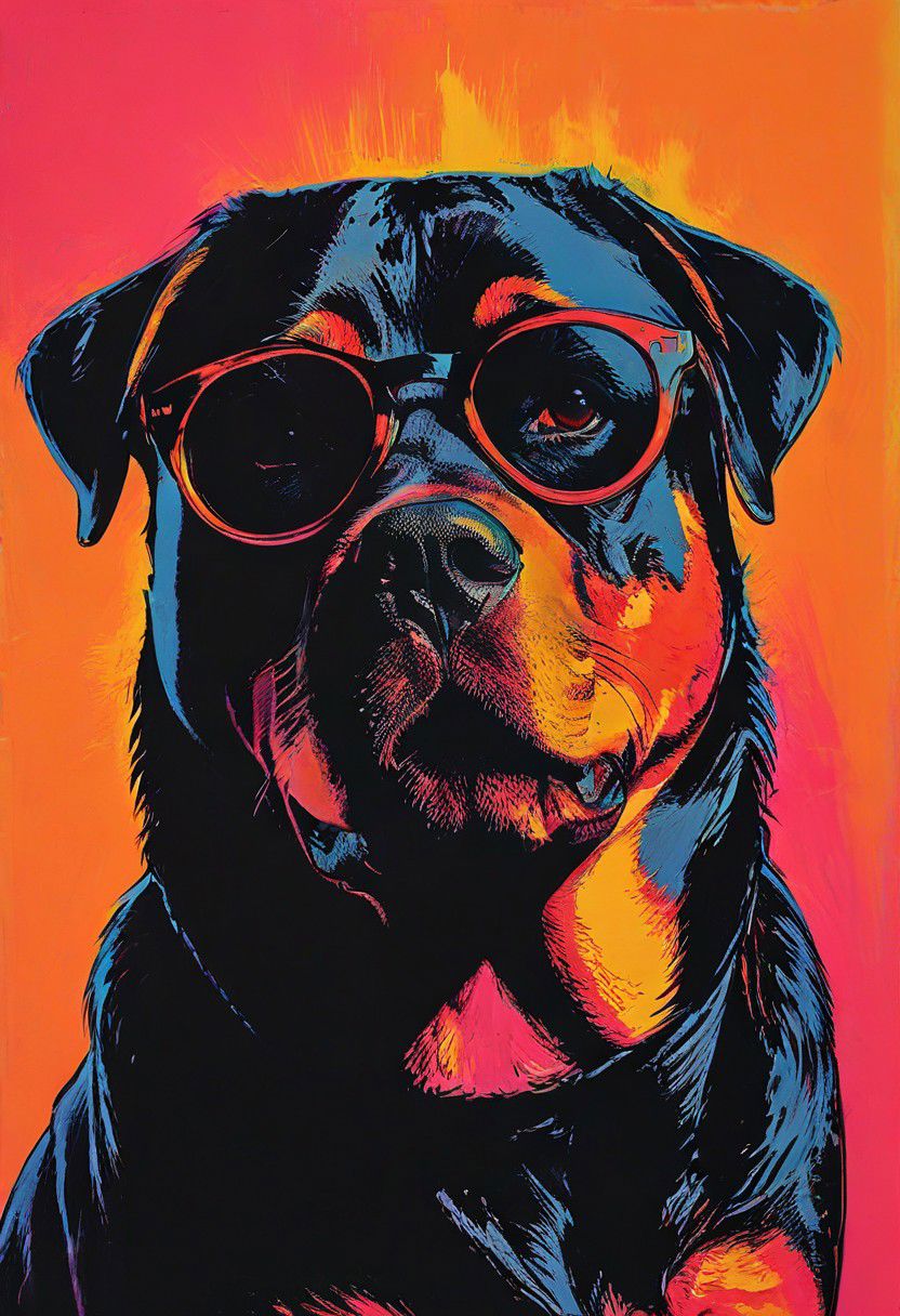 impactful color paint of, a Rottweiler wearing dark sunglasses, highly detailed, vibrant colors , 8k, sharp, professional, clear, high contrast, high saturated, , vivid deep blacks, crystal clear