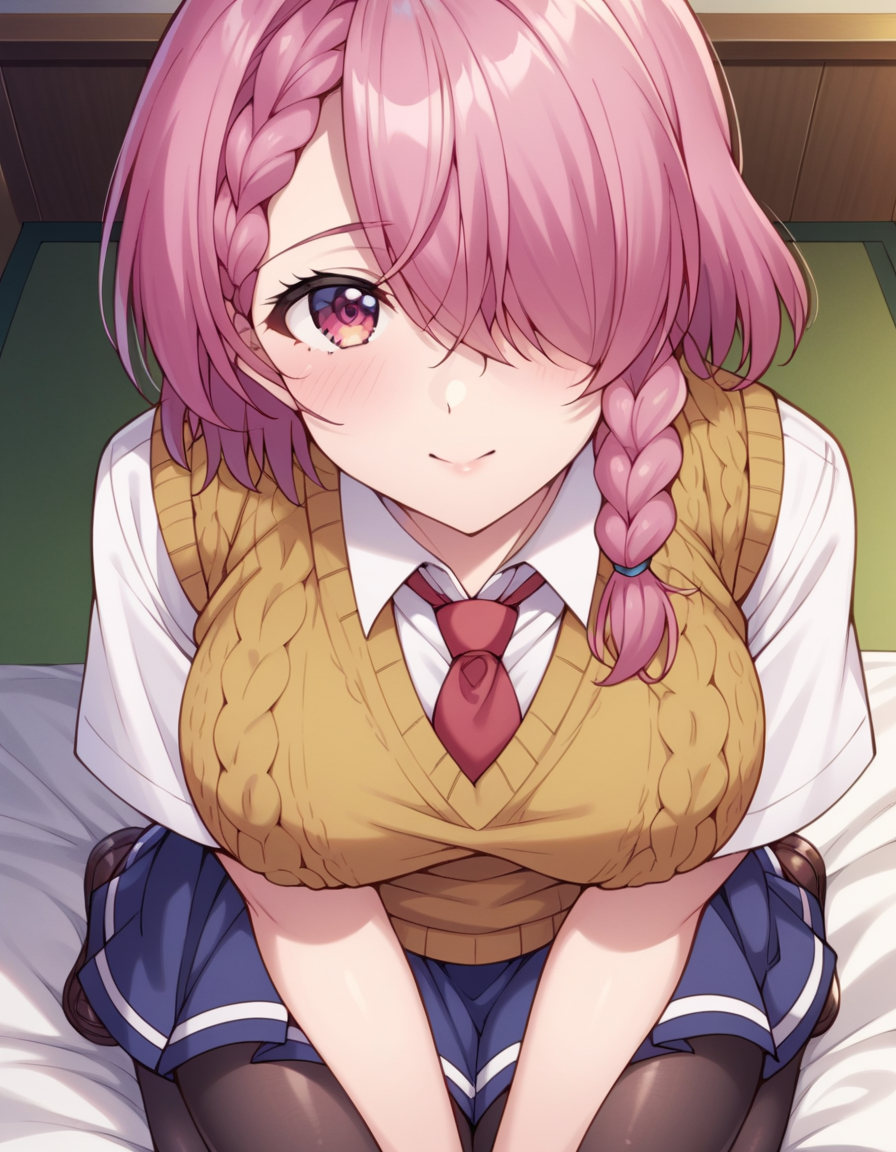score_9, score_8_up, score_7_up, source_anime, uncensored, <lora:StS_detail_slider_v1:3>, zPDXLxxx, <lora:Maihime_Shirayuki_PONYXL_VexVexX:1>, MaihimeShirayuki, pink eyes, pink hair, short hair, braid, side braid, hair over one eye, bangs, medium-large breasts, school uniform, skirt, blue skirt, sweater vest, shirt, white shirt, short sleeves, collared shirt, necktie, red necktie, black pantyhose, cowboy shot, bedroom, from above, Kneeling on both knees with legs together, torso slightly leaning forward with hands clasped together in front of the body, thighs, looking at viewer