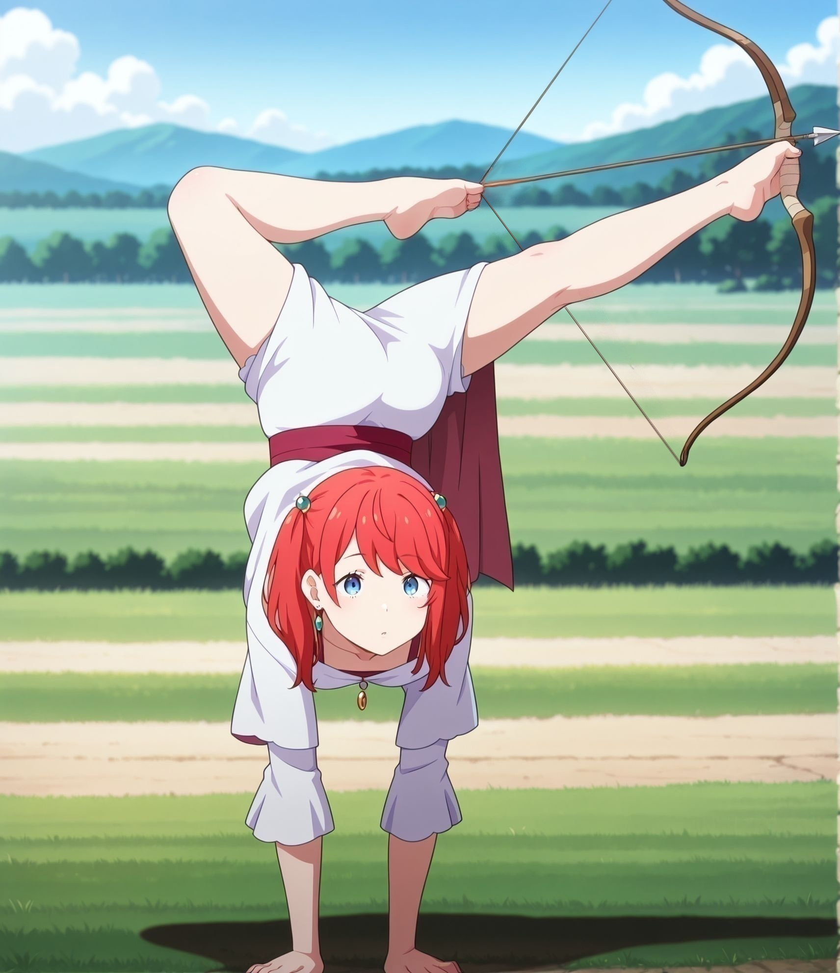 masterpiece, best quality, newest, absurdres, highres, detailed eyes, beautiful, detailed background, perfect eyes, anime coloring, anime screencap,
1girl, solo,handstand, weapon,holding weapon, holding bow \(weapon\), holding, arrow \(projectile\),<lora:Handstand Archery:1.0>  barefoot,
<lora:Theresia_van_Astrea_r1:0.9>Theresia_van_Astrea,
blue eyes,red hair,
jjewelry,bangs, 25YO, milf, twintails, 
t_theresia,