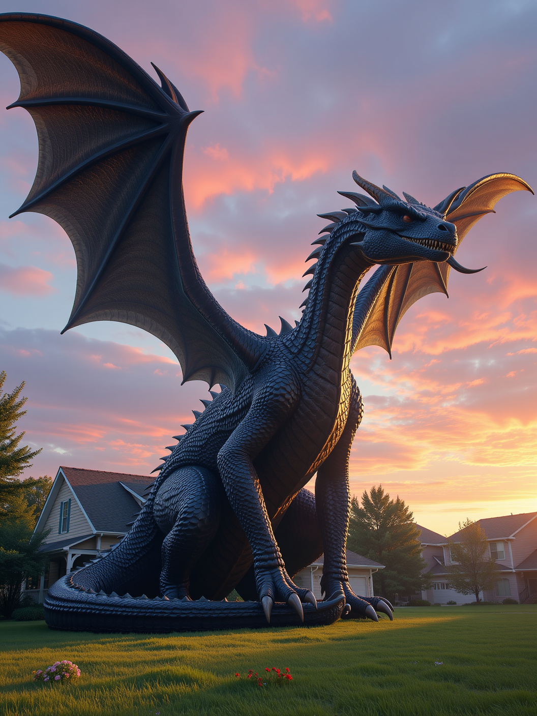 Enormous dragon perched in the front yard, gleaming black scales catching the sunlight, wings furled tight against its back, sharp talons sinking into the earth. A suburban house stands small in the background, flowers along the garden trampled under its weight. Sky tinged with pink as the sun sets, a mix of awe and fear in the air, surreal and majestic scene.
