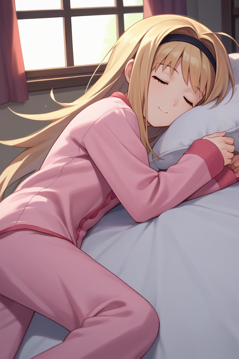 score_9, score_8_up, score_7_up, score_6_up, source_anime, BREAK 1girl,  <lora:chnanami-pdxl-nvwls-v1-000006:1> chnanami, blonde hair, hairband, pink pajamas, sleeves past wrists, sleeping, pillow, smile, closed eyes, bed, window, night