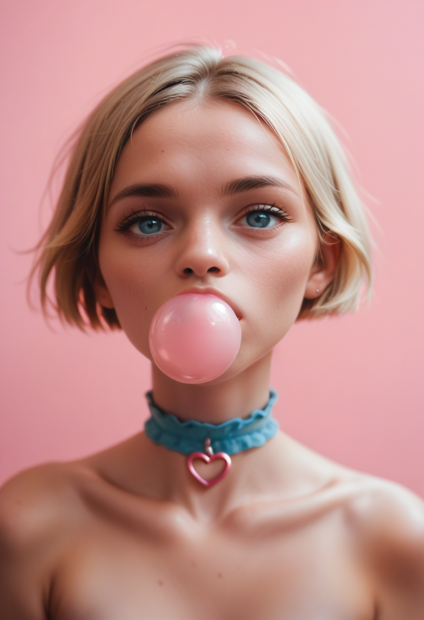 score_9, score_8_up, score_7_up, score_6_up, 1girl, solo, short hair, pink background, blue eyes, heart choker, chewing gum, looking at viewer, upper body, choker