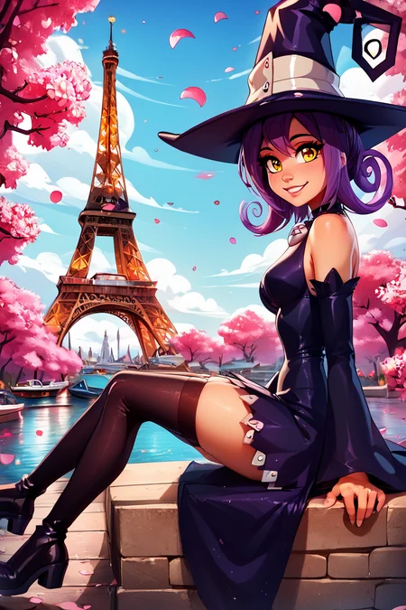 score_9, score_8_up, score_8, medium breasts, (curvy), cute, eyelashes, BREAK, , zzBlair, 1girl, solo, yellow eyes, purple hair, witch hat, witch, detached sleeves, black short dress, thighhighs, <lora:Blair_SoulEater_PDXL_v1:1.0>, , BREAK, zzEiffelTower in background, sitting, watercraft, boat, sitting on wall, side view, looking at viewer, smile, ,,, BREAK, blooming stars, luminescent petals, otherworldly fragrance blurry background, ,,, embedding:zPDXL, Expressiveh, ,,, <lora:EiffelTowerPDXL:0.8>, <lora:CatalystStylePDXL:0.6>, <lora:SDXLFaeTastic2400:0.5>, <lora:Expressive_H-000001:0.4>,