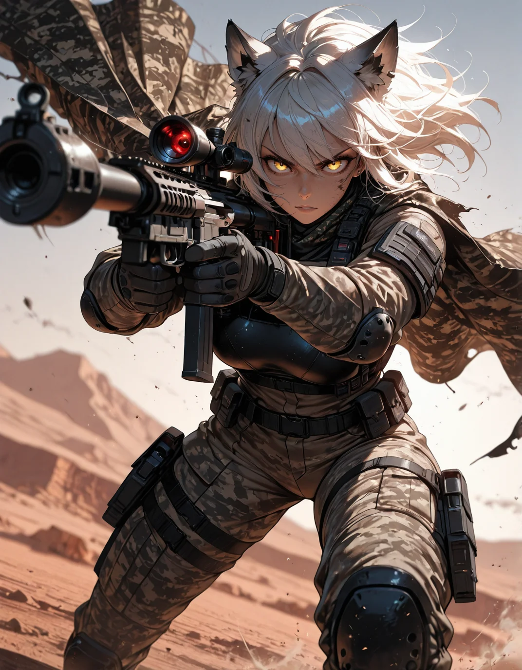 masterpiece, best quality,high quality, newest, highres,8K,HDR,absurdres, 1girl, solo, wolf ears, sniper rifle, camo cloak, tactical gear, scarred face, piercing yellow eyes, white hair with dark streaks, aiming at target, red laser sight, tactical gloves, mechanical eyepiece, futuristic sniper, high-tech scope, dusty battlefield, limited palette, intense expression, dynamic pose, dramatic lighting, strong depth of field, wind-blown hair, torn fabric, desert landscape, gritty realism, cinematic shot, dutch angle, foreshortening, blurred background, dust particles., detailed background, dynamic pose, dynamic composition,dutch angle, detailed backgroud,foreshortening,blurry edges <lora:iLLMythAn1m3Style:1> MythAn1m3