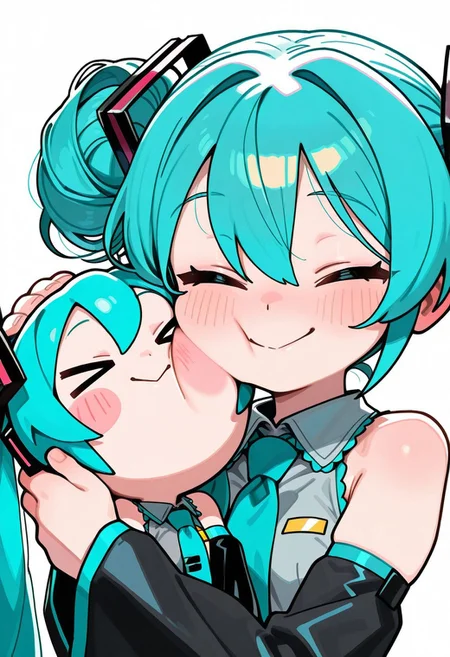 TOONCITY_ST, masterpiece, best quality, very aesthetic, high resolution, ultra-detailed, absurdres, newest, detailed eyes, beautiful, perfect lighting, hi res, amazing quality, very awa, painting_(artwork), dynamic angle, dynamic pose, 1girl, 1 hatsune miku, white background, simple background, upper body, holding, smile, blush stickers, ear bow, closed mouth, closed eyes, hair bow, collared shirt, sleeveless shirt, grey shirt, detached sleeves, black sleeves, aqua necktie, bare shoulders, frills, long sleeves, wide sleeves, blue bow, aesthetic, beautiful color, best quality, updo, > <, cheek-to-cheek, cheek press, crossover, rating: safe