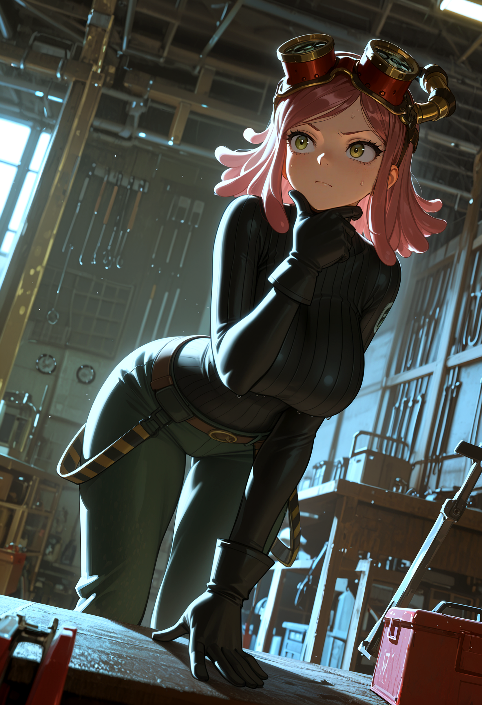 masterpiece, best quality, amazing quality, very aesthethic, scenery, dutch angle, photo background, moody, dim lighting, chiaroscuro, rim lighting, bloom, dramatic shadows, high contrast, shadow, sinister, detailed hair, detailed clothing, detailed shading, BREAK hatsume mei, curvy figure, garage, workbench, tools, toolbox, laboratory equipment, construction equipment, grease stains, sweat, goggles on head, crosshair eyes, crosshair pupils, thinking, hand on chin,