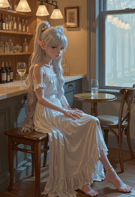 SWMS, elf sorcerer girl, snowy white hair cascading down her back, Dimly lit neon eyes, pale white skin, (sleek skintight elven outfit), (voluminous cloak), sharp narrow jaw, ((Full Body)), crystal crown, ((Detailed fantasy elven city background)), ((glyphs, runes, glowing)), sitting at cafe bar, turned around, looking back, detailed drawing   <lora:FLUX - SWMSF - Styles for FLUX ( detailed drawing, swms ):1> <lora:FLUX - Surreal_Photo (Glitter):0.6>