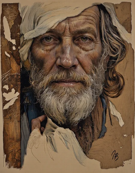 Art by Thomas Haller Buchanan. A realistic, detailed portrait of an elderly man with a wrinkled face and a long beard, captured in a portrait camera angle from a close-up camera angle. the subject, a middle-aged man, appears to be looking directly at the viewer with a serious expression. he has long, wavy, light brown hair and a thick, bushy beard. his eyes are large and expressive, with a hint of a smile on his lips. his facial features are detailed and wrinkled, giving him an aged and weathered appearance. the background is a textured, aged paper with a rough, textured surface, and the artist's signature "g" is visible in the bottom right corner, adding a touch of elegance to the overall composition. the overall mood of the image is somber and contemplative, capturing the essence of an old man's face and beard.