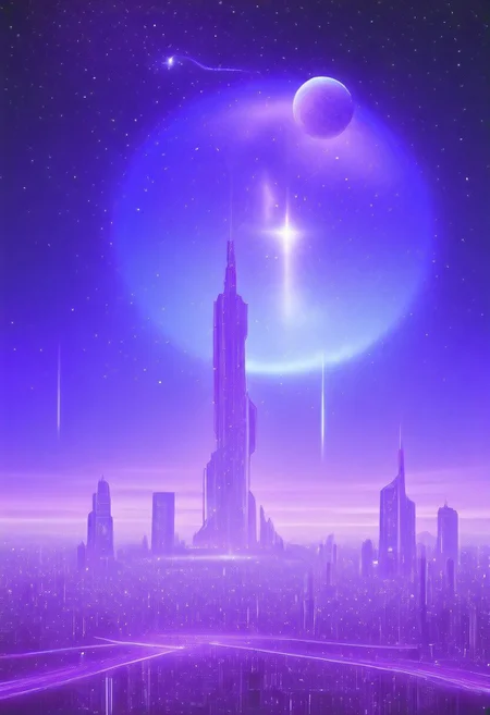 High quiality, high resolution, high definition,
Magical city with skyscrapers, a planet with purple colors and lines that emit white light surrounded by a planet ring, with the view from behind a cat looking towards the city, citybkg, anime style, high ilumination, galaxy sky, calid colours, spacial station