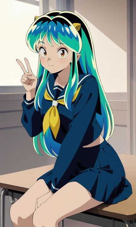 (masterpiece), (best quality), newest, (intricate details, very aesthetic), good hands, 1girl,  <lora:Lum-animagineV2:1>, lumxl, lum,  long hair, green hair, aqua hair, multicolored hair, cone horns, serafuku, school uniform, blue shirt, long sleeves, blue skirt, pleated skirt, yellow neckerchief, sailor collar, indoors, classroom, sitting, on desk, looking at viewer, light smile, v, board, natural light, general, retro artstyle,