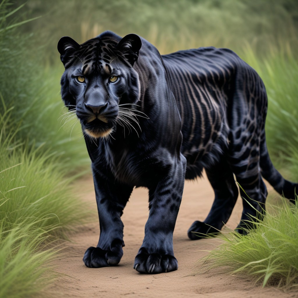 melanistic ,claws, black liger tigon hybrid, panthera ancestral power animal with characteristics of several modern felines, grass, realistic