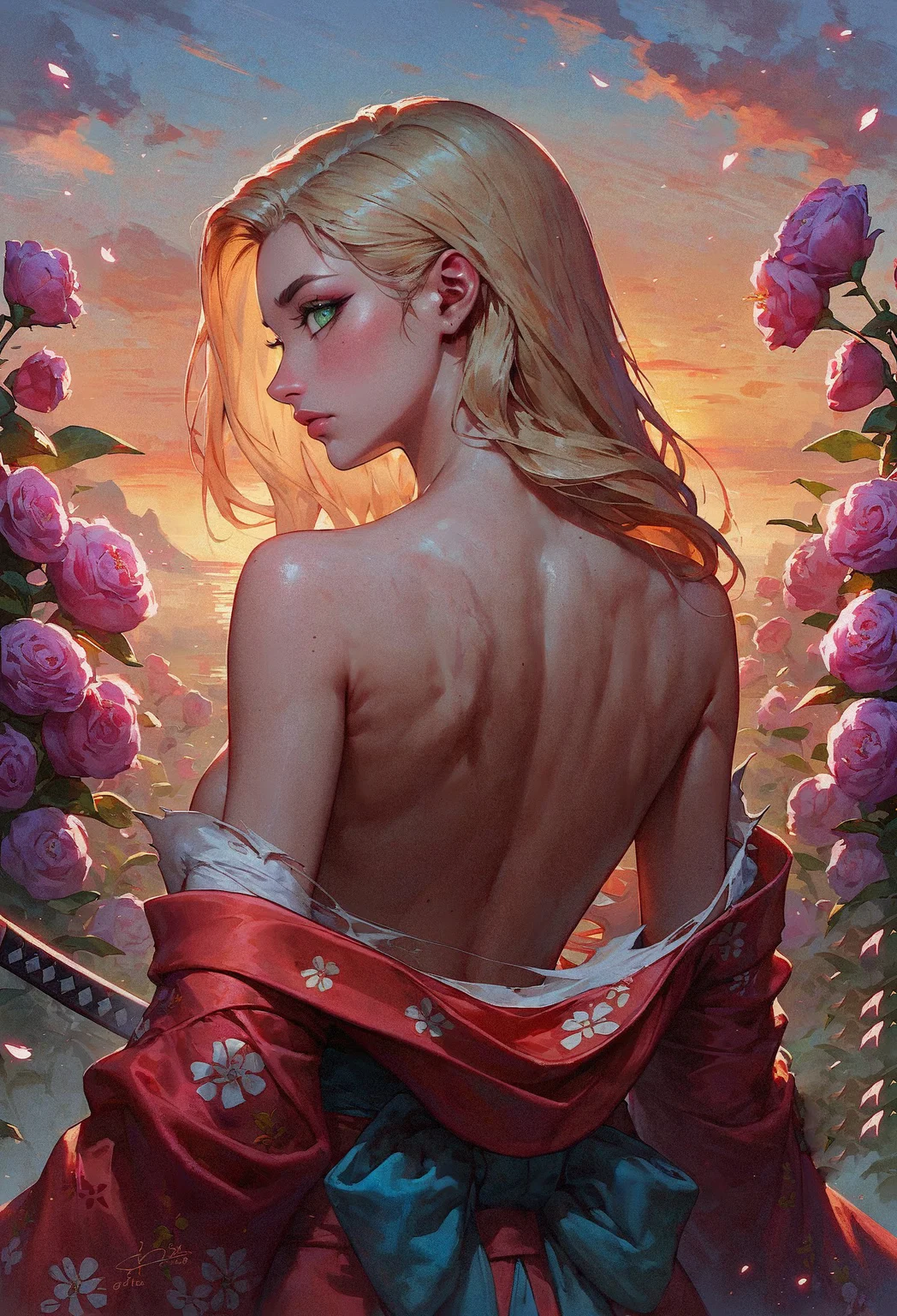 score_9, score_8_up, score_7_up, 1girl, torn red kimono, looking at viewer from behind, sunrise, blonde hair, long hair, flowers, off shoulder, perfect female waist, green eyes, upper body, (subtle body scars:0.83), katana <lora:sdxl\Concept Art Twilight Style SDXL_LoRA_Pony Diffusion V6 XL:0.8> <lora:sdxl\Pony_DetailV1.0>