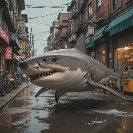 by KÅji Morimoto, (Tiger Shark:1.1) , it is Breathtaking and Charming, street, Atompunk, One Color ,8k, masterpiece, best quality, hyperrealistic, superrealistic, photorealistic, ultra sharp, 16 bit colors, highres,