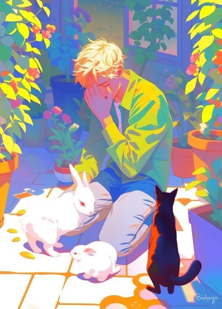The image is an illustration of a young man kneeling on the ground in a garden. He is wearing a green shirt and blue jeans, and has blonde hair. He appears to be in a state of distress, with his head resting on his hands and his eyes closed. In front of him, there is a cute white rabbit and a black cat. The garden is filled with potted plants and flowers, and there is a trellis in the background. The overall mood of the image is one of sadness and despair.
a vibrant, dreamy, whimsical masterpiece full of details and high quality create a serene scene with beautiful sunlit.