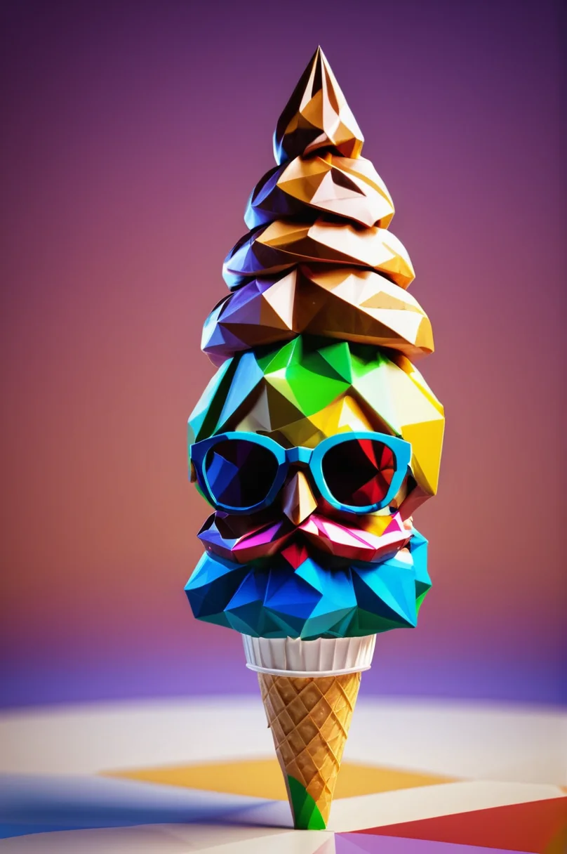 ice cream made of lowpoly, character focus:1.1 , dramatic angle, magic, colorful background <lora:LowpolyXL_LoRA:1>