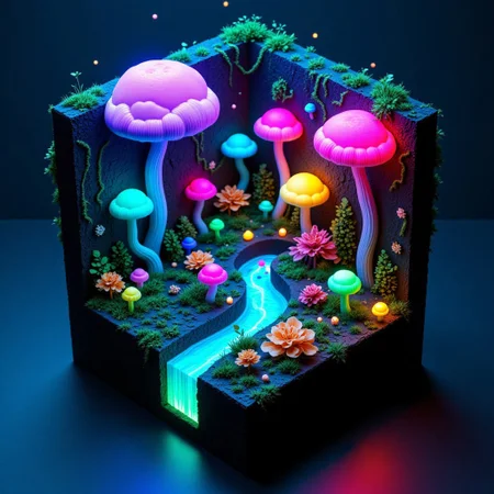 M1CR0CUB3D, aidmafluxpro1.1, A cubed jungle bursting with giant bioluminescent mushrooms, tangled vines, and glowing insects. The ground pulses softly, feeding light into underground fungal networks connecting to glowing spore chambers. Lighting: bioluminescent, ambient greens and pinks. Style: organic fantasy realism, surreal composition, macro photography-inspired details.