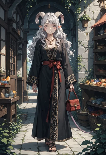 score_9, score_8_up, score_7_up, best quapoty, highres, absurdres, source_anime, 1girl, tiefling_bard_diana, red whisker_markings, silver long wavy hair, bell necklace, short pointy ears, purple eyes, robe, <lora:Test_Diana:0.6>, Walking with one hand touching a wall., Enchanted toy shop with magical toys that come to life.,