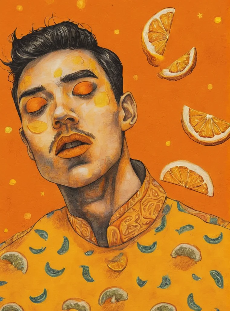 closed eyes, food, male focus, orange background, orange theme, traditional media, yellow background, yellow theme , pop surrealism , <lora:Graphic_Portrait:0.75>