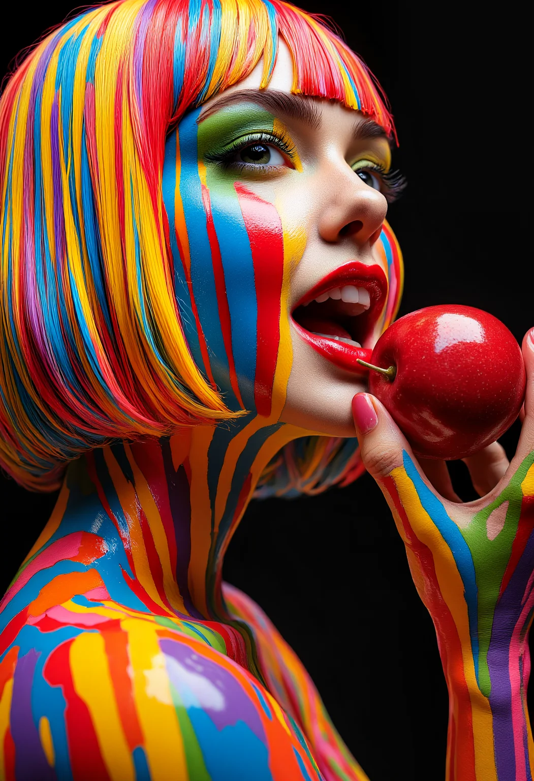 Digital illustration of a close-up and side view portrait of a young woman in her 20s, with a captivating and colorful aesthetic biting into an apple.  Its skin is covered in a very bright paint that appears plasticized with narrow vertical stripes of vibrant and saturated colors, including reds, oranges, yellows, greens, blues and purples, orange, purple, light blue. The stripes create a dynamic visual pattern. The woman has a vibrant, very bright and colorful bob haircut with the same stripes and paint as her body.  The hair color is rich and shows intense, saturated colors that appear plasticized.  Soft, natural makeup accentuates your features; Her expression is sensual and flirtatious, her gaze is fixed upward. Her lips are a striking scarlet red, complementing the vibrancy of her hair. The woman eats a very red apple that she holds in one of her hands. An intense, diffuse light illuminates his face and body from above, casting strong shadows. The black background isolates the subject, drawing attention to the intricate details of the narrow vibrant stripes and the reflective qualities of the paint.  The composition is a close-up, capturing the textures and colors, highlighting the art.  The style evokes a futuristic, vibrant or fun aesthetic and is ideal for a fashion, beauty or graphic design piece. The work emphasizes vibrant colors and unusual patterns; and a feeling of intense joy.  High-contrast close-up portrait style with bright, bold colors and dynamic patterns.  Modern abstract style.

aidmaMJ6.1
