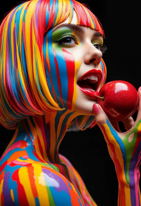 Digital illustration of a close-up and side view portrait of a young woman in her 20s, with a captivating and colorful aesthetic biting into an apple. Its skin is covered in a very bright paint that appears plasticized with narrow vertical stripes of vibrant and saturated colors, including reds, oranges, yellows, greens, blues and purples, orange, purple, light blue. The stripes create a dynamic visual pattern. The woman has a vibrant, very bright and colorful bob haircut with the same stripes and paint as her body. The hair color is rich and shows intense, saturated colors that appear plasticized. Soft, natural makeup accentuates your features; Her expression is sensual and flirtatious, her gaze is fixed upward. Her lips are a striking scarlet red, complementing the vibrancy of her hair. The woman eats a very red apple that she holds in one of her hands. An intense, diffuse light illuminates his face and body from above, casting strong shadows. The black background isolates the subject, drawing attention to the intricate details of the narrow vibrant stripes and the reflective qualities of the paint. The composition is a close-up, capturing the textures and colors, highlighting the art. The style evokes a futuristic, vibrant or fun aesthetic and is ideal for a fashion, beauty or graphic design piece. The work emphasizes vibrant colors and unusual patterns; and a feeling of intense joy. High-contrast close-up portrait style with bright, bold colors and dynamic patterns. Modern abstract style.
aidmaMJ6.1