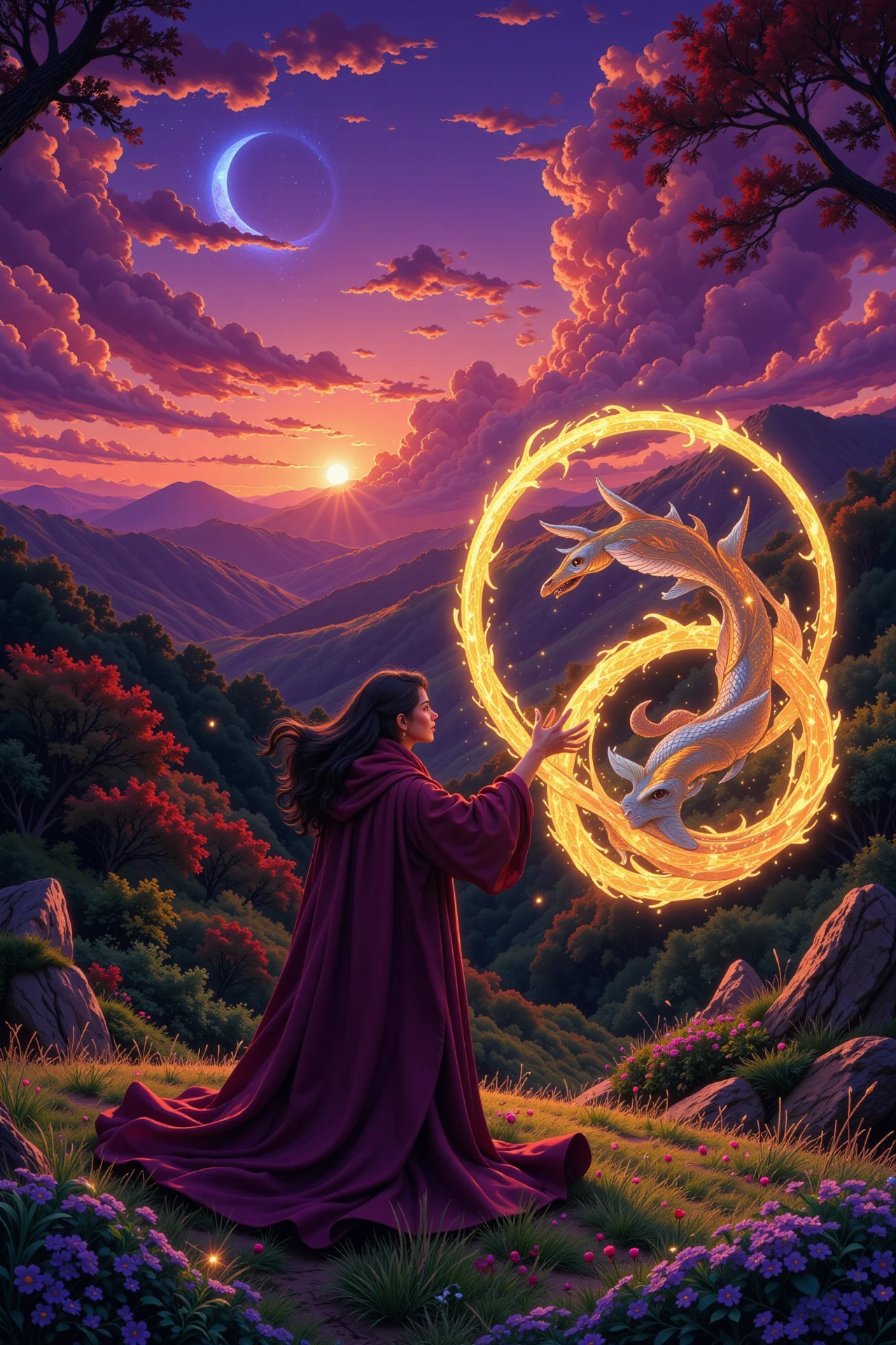 a magician casting a spell beautiful  landscape, sunset, woman, very intricate, very detailed, sharp, bright, colorful, <lora:Hand v2:0.5> <lora:Anti-Blur:1><lora:Insane Detail Slider:0.25>  <lora:flux.1_lora_flyway_Epic-detail_v2:0.3> <lora:fluxenhancer:0.25>   <lora:anime_retro:1> anime_martz, anime_retro