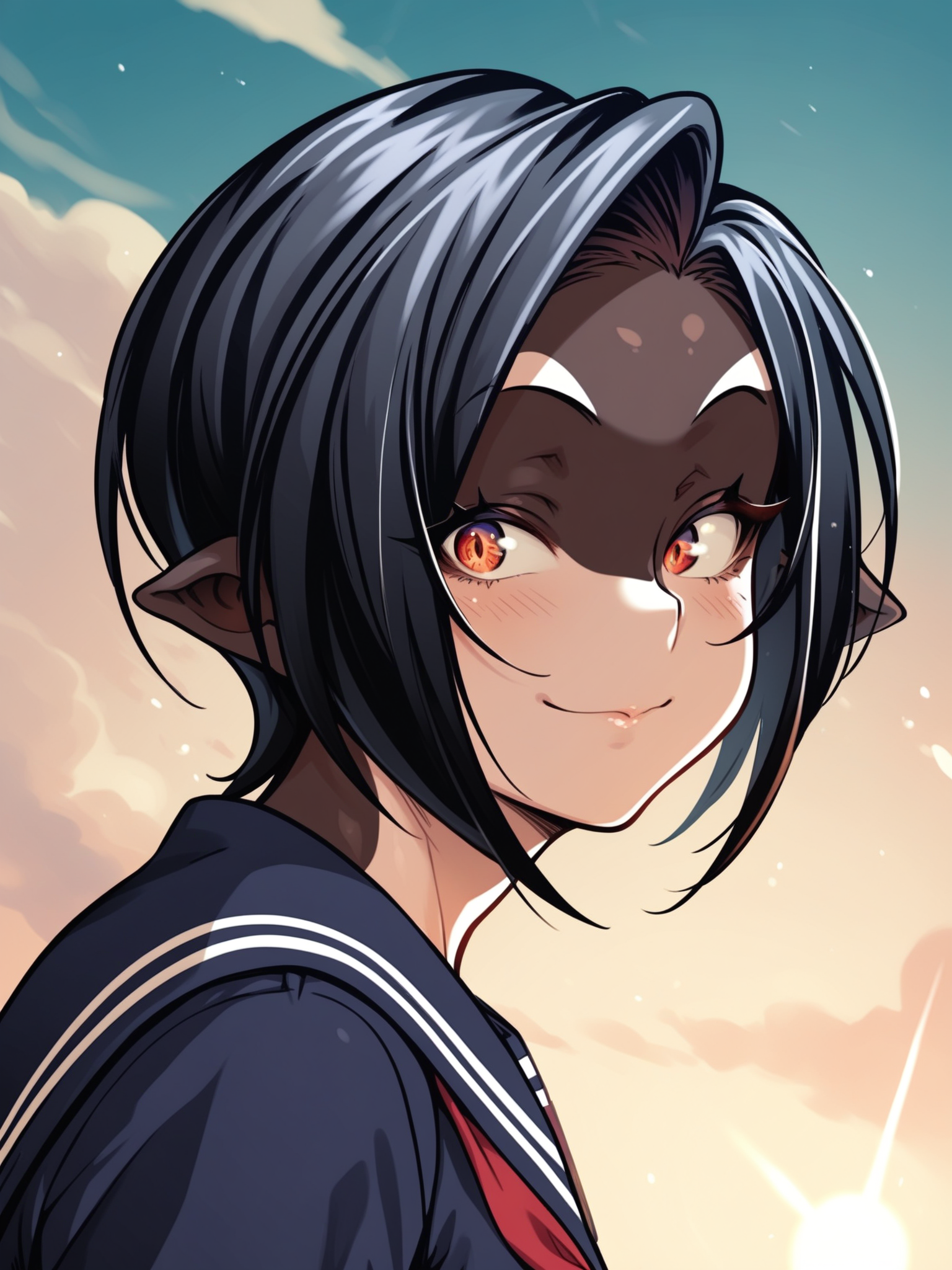 <lora:happy_tentacle-rukka-v0.4-000020:1>, ht_rukka, orca girl, dorsal fin, two-tone skin, school uniform, outdoors , 1girl, solo, portrait , evil eyes , ( naughty face :1), , looking away , , from side , score_9, score_8_up, score_7_up, score_6_up, score_5_up, score_4_up