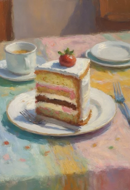 impressionist painting of a slice of three layer cake on a white plate on a colorful tablecloth with a fork