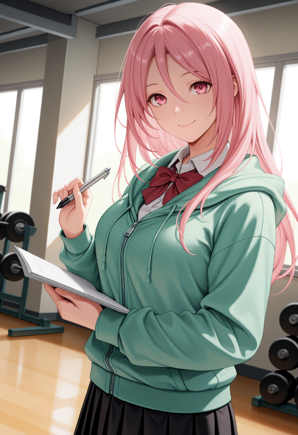 masterpiece, best quality, 1girl, solo, M0moiS4tsuki, pink eyes, pink hair, long hair, hair between eyes, green hoodie, zipper, red bowtie, white shirt, collared shirt, black skirt, holding notebook, indoors, gym, holding pen, smile, looking at viewer, standing, dutch angle, <lora:ChamMomoiSatsukiNoob:1>