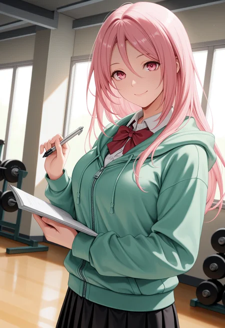 masterpiece, best quality, 1girl, solo, M0moiS4tsuki, pink eyes, pink hair, long hair, hair between eyes, green hoodie, zipper, red bowtie, white shirt, collared shirt, black skirt, holding notebook, indoors, gym, holding pen, smile, looking at viewer, standing, dutch angle, <lora:ChamMomoiSatsukiNoob:1>