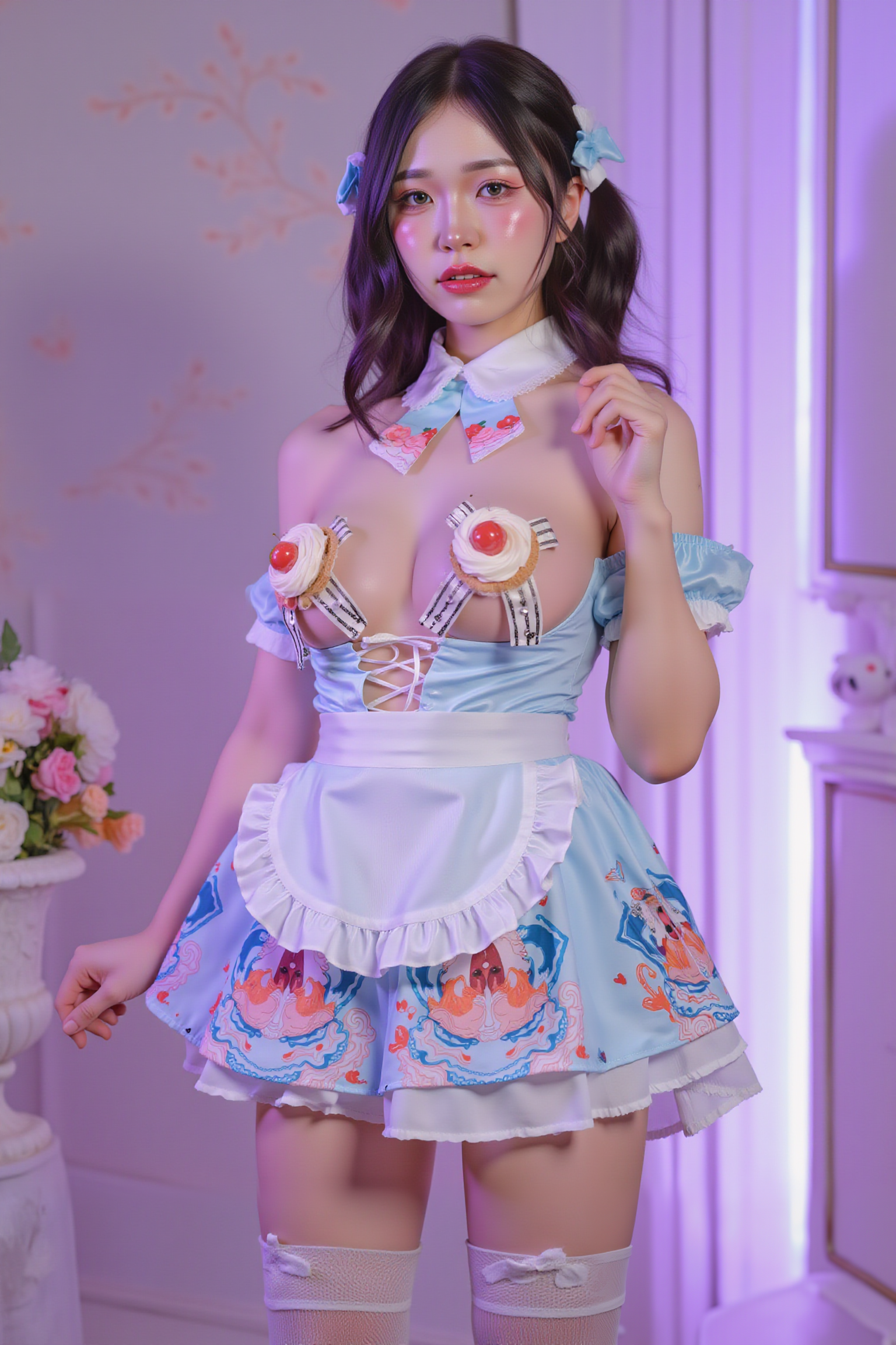 A professional, high-resolution image of a young woman is posed in a standing contrapposto stance, with subtle weight shifted to one leg to create a natural S-curve in the body silhouette. This classic posing technique creates visual interest and a sense of elegance.

She is wearing SGWN43ClothingStyle1, a blue and white dress adorned with floral patterns and a frilly apron. Her makeup is dramatic, with dark eyeliner and bold, glossy pink lips. 

The lighting features a high-contrast, monochromatic white color scheme that creates a moody, intimate atmosphere. 

The photography technique uses what appears to be soft lighting to create a glamorous effect, with careful attention to highlighting contours while maintaining the dominant light purple color scheme throughout the frame.

The overall aesthetic combines elements of fashion photography, traditional Asian visual motifs, and contemporary boudoir styling. The dramatic light purple lighting creates a cohesive visual theme that ties all elements of the composition together.

The white light emit on her to show her feature.