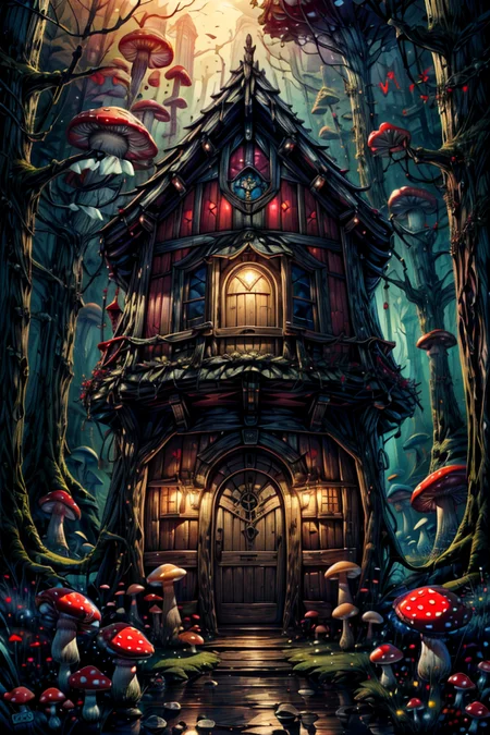 ((masterpiece,best quality)), absurdres, 8k, intricate, high detail,   
<lora:Magical_Forest_Home_v2:0.8>, Magical_Forest_Home, (detailed wooden door:1), mushrooms, Mushroom house, magic, glowing,
<lora:more_details:0.7>