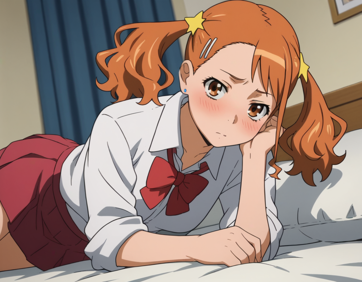 score_9, score_8_up, score_7_up, source_anime,
narukoanjou,  <lora:naruko-anjou-s1-ponyxl-lora-nochekaiser:1>,
naruko anjou, orange hair, twintails, brown eyes, hair ornament, star ornament, hair clip,
skirt, bow, school uniform, sleeves rolled up, red bowtie, shirt, white shirt, collared shirt, red skirt,
indoors, bed, bed room, on side, blush, drunk,
looking at viewer, solo, cowboy shot, dutch angle,