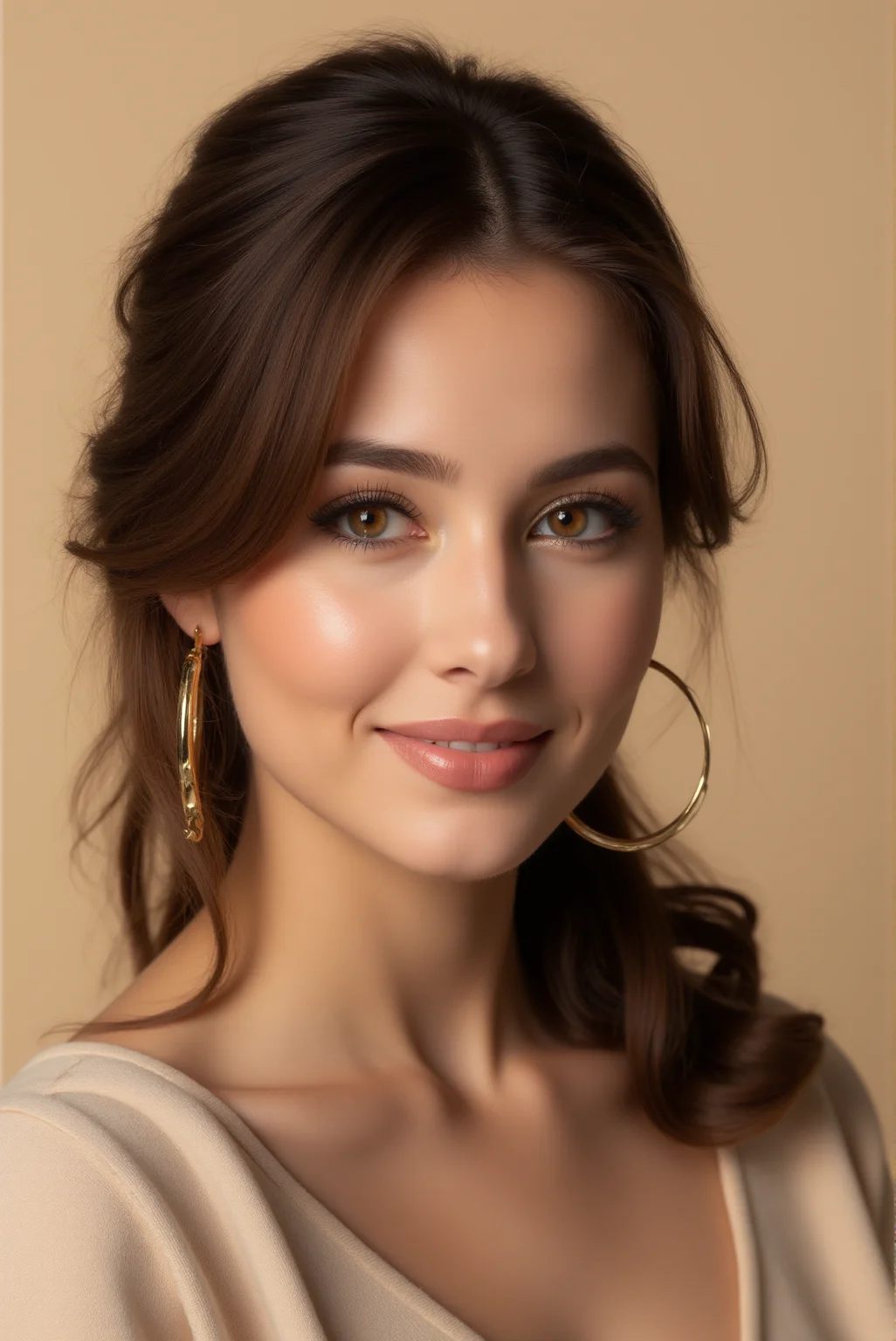 <lora:FFS_v.5:0.8> FFS style. This is a high-resolution photograph of a young woman with a warm, soft-focus portrait style. The subject, a woman with light olive skin, is positioned against a smooth, neutral beige background. Her hair, a rich, dark brown, is styled in a casual updo with soft, loose waves cascading down the back, and some strands framing her face. Her eyes are a captivating hazel color, accentuated by subtle winged eyeliner and voluminous, dark lashes. She has a subtle, natural makeup look with a focus on her eyes; her eyebrows are perfectly shaped and groomed. Her skin is flawless, with a slight sheen, possibly from a light makeup primer or moisturizer, and a hint of blush on her cheeks. She has a small, natural pink lip color, and a gentle smile that reveals a hint of her white teeth. Her earrings are elegant, large gold hoop earrings with a slight curve, adding a touch of elegance to her look.  The subject is dressed in a beige or cream-colored top, which is barely visible due to the focus on her face.