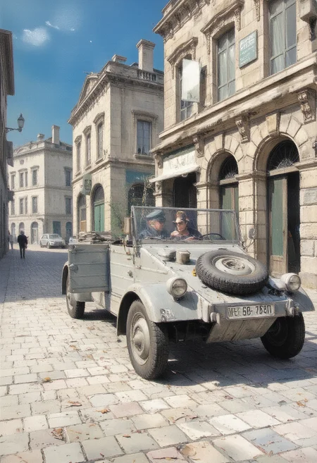 Illustration: A car parked in the suburbs of Paris in 1944 during World War II. A German officer and an attractive woman dressed in flashy clothes are having a lovers' quarrel. At night, on cobblestone streets. <lora:kubelwagen_flux:1>,kubelwagen,  ,door open,car hood, german grey,a clean car.,<lora:ImpressionismFlux:1> ArsMJStyle, impressionism