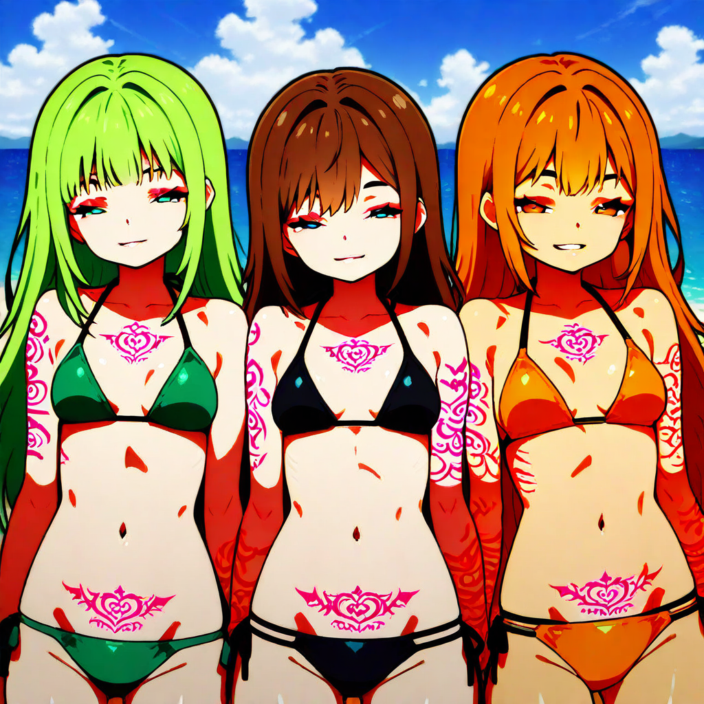 bikini, outdoors, brown hair, cadmium orange hair, tangerine orange hair, green hair, sky, Mid-closed eyes, stuffed toy, tattoo, Looking at viewer
