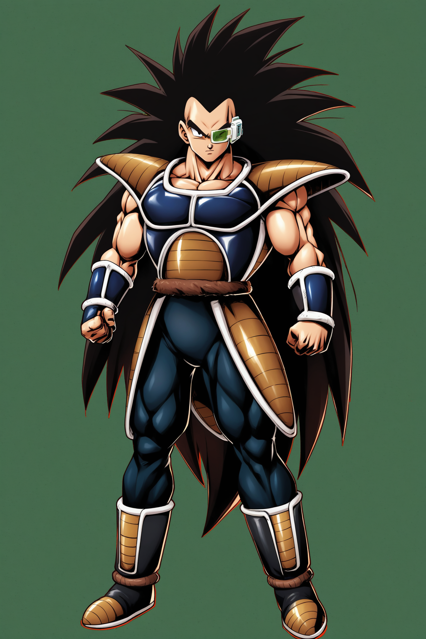 Raditz,1boy,male focus,saiyan armor,solo,armor,black hair,long hair,scouter,muscular,full body,very long hair,boots,standing,spiked hair,<lora:Dragon Ball_XL:0.8>,