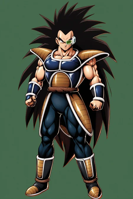Raditz,1boy,male focus,saiyan armor,solo,armor,black hair,long hair,scouter,muscular,full body,very long hair,boots,standing,spiked hair,<lora:Dragon Ball_XL:0.8>,
