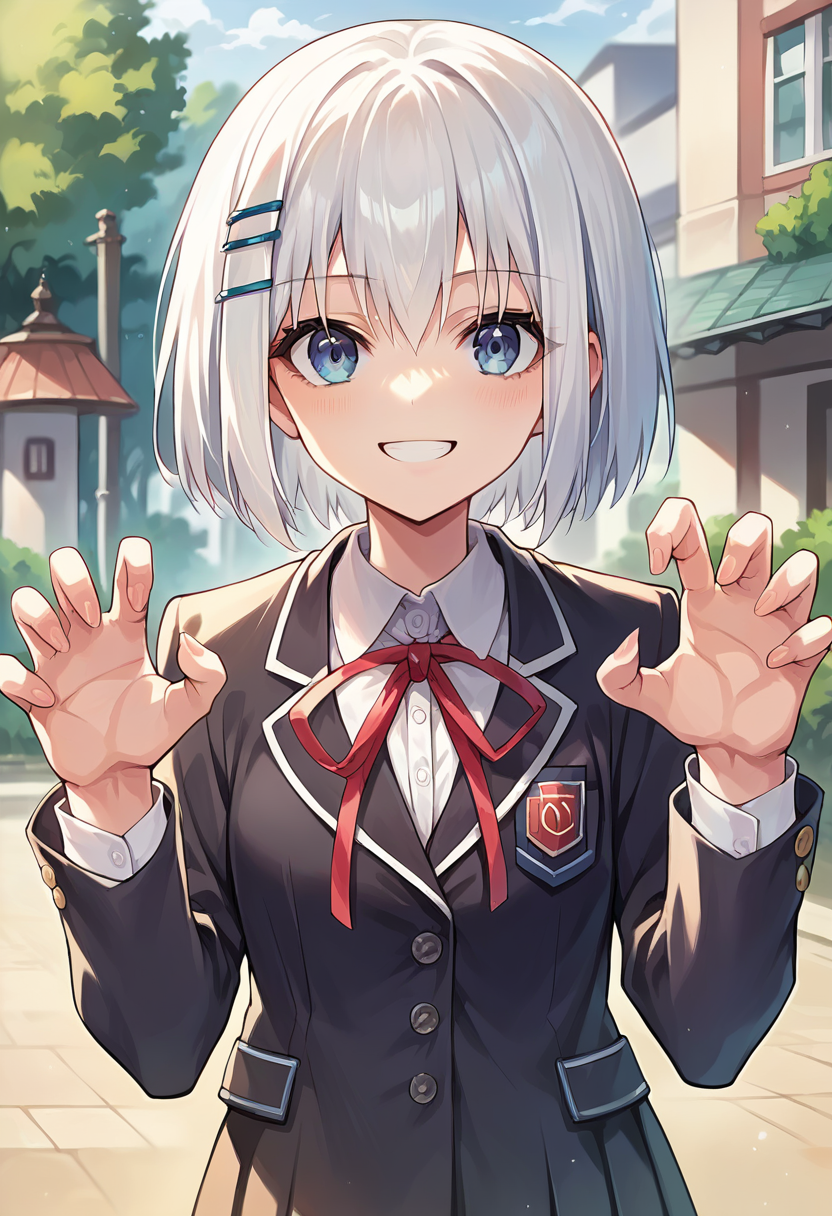 score_9, score_8_up, score_7_up, source_anime, masterpiece, 1girl, ctiantobii, blazer, school uniform, neck ribbon, pleated skirt, dress shirt, looking at viewer, outdoors, portrait, claw pose, smile,   <lora:Origami_Tobiicchi_pony_ct:0.8>, anime coloring,
