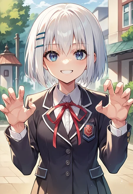 score_9, score_8_up, score_7_up, source_anime, masterpiece, 1girl, ctiantobii, blazer, school uniform, neck ribbon, pleated skirt, dress shirt, looking at viewer, outdoors, portrait, claw pose, smile, <lora:Origami_Tobiicchi_pony_ct:0.8>, anime coloring,
